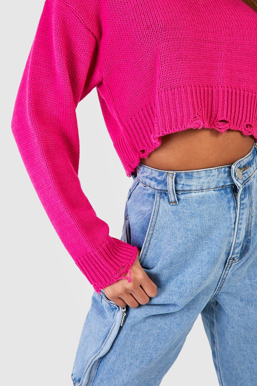 Hot pink 2024 distressed sweater